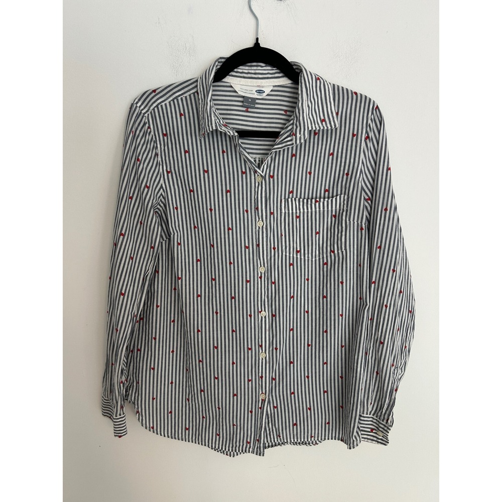 Old Navy The Classic Shirt Womens Medium Blue White Striped Red Heart Shirt